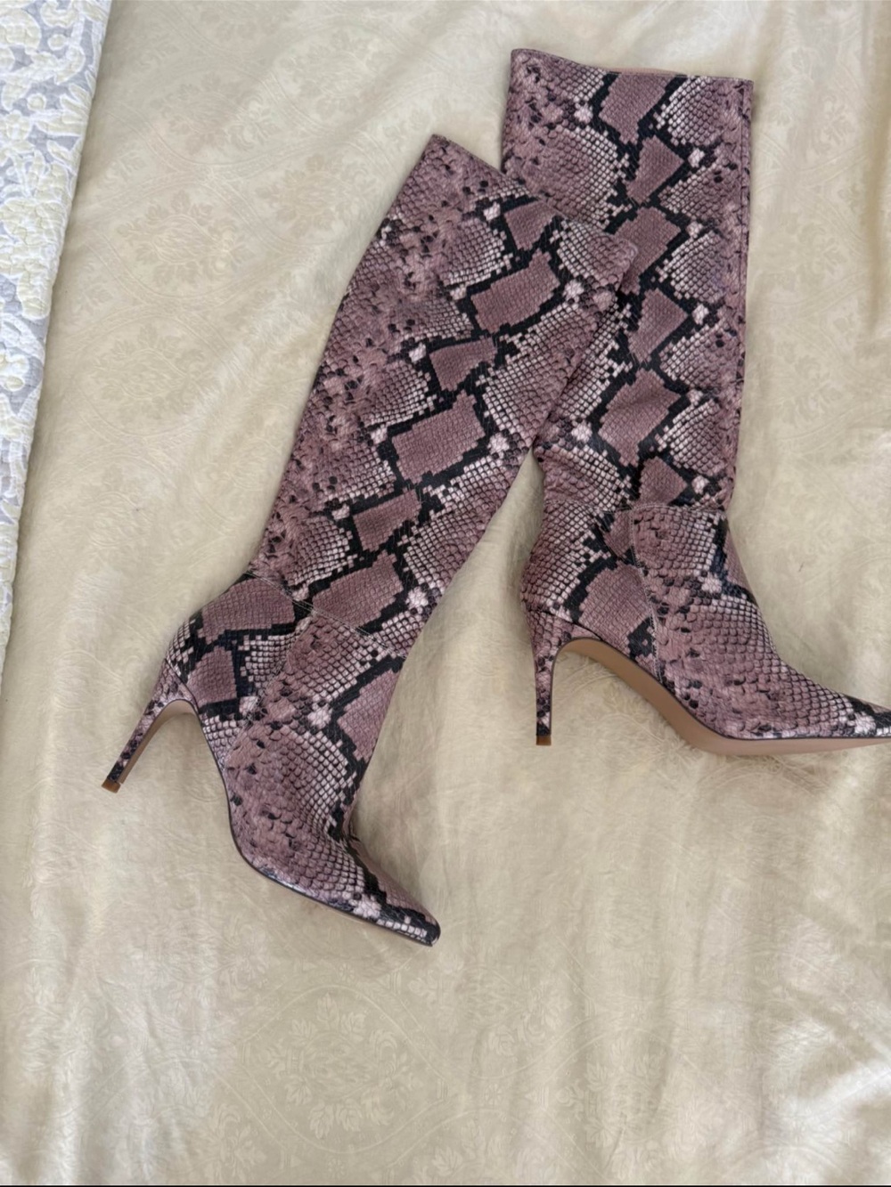 Steve Madden Kimari Snakeskin-Print Pointed Toe Stiletto Knee-High Boots